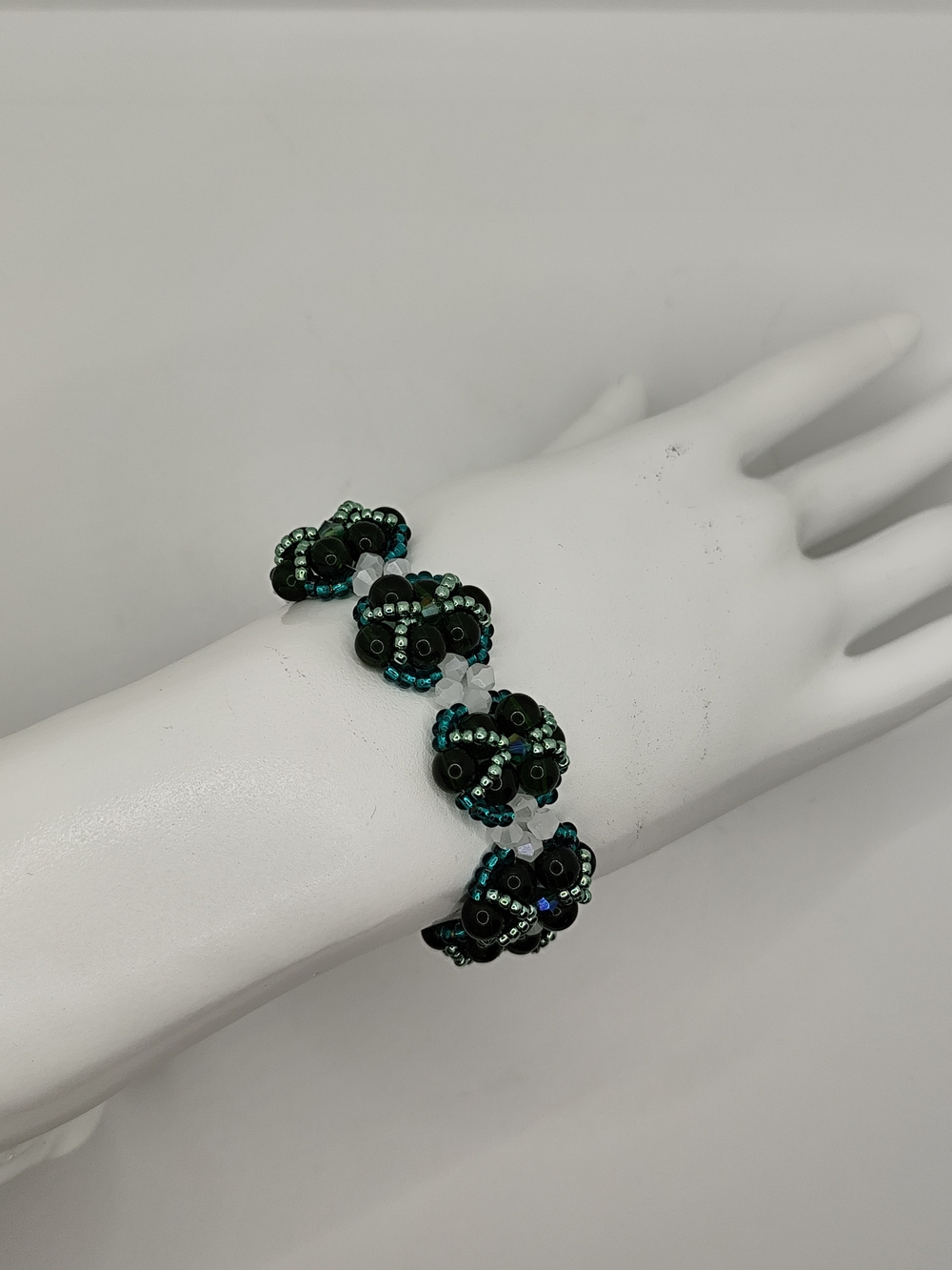Handmade Black and Teal Beaded Floral Bracelet